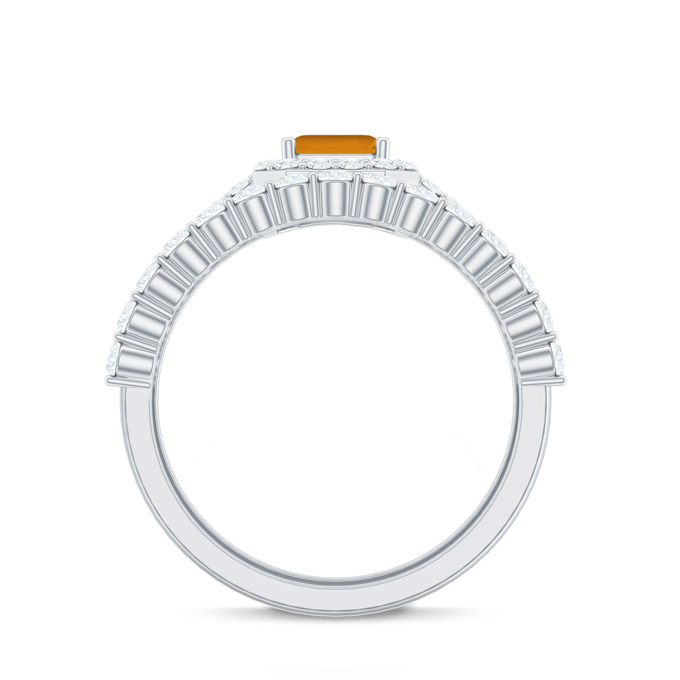 Emerald Cut Citrine Halo Engagement Ring with Moissanite Wedding Band Rosec Jewels
