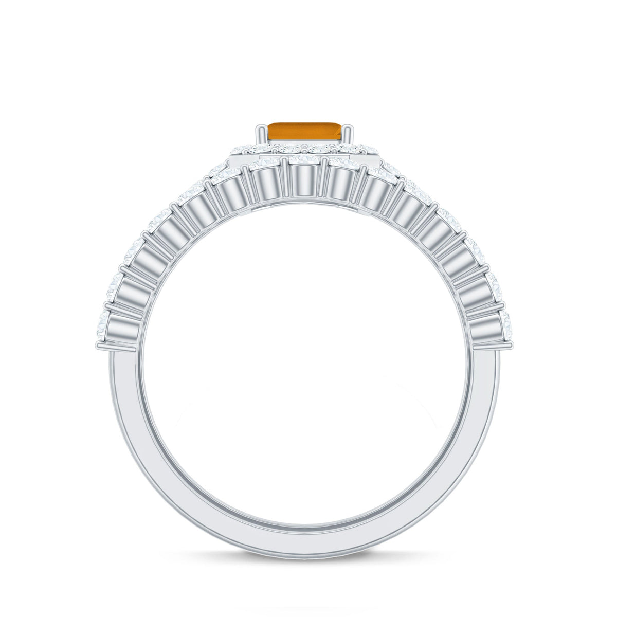 Emerald Cut Citrine Halo Engagement Ring with Moissanite Wedding Band Rosec Jewels