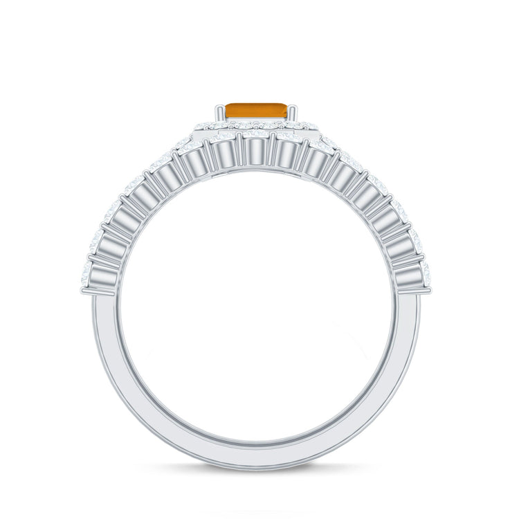 Emerald Cut Citrine Halo Engagement Ring with Moissanite Wedding Band Rosec Jewels