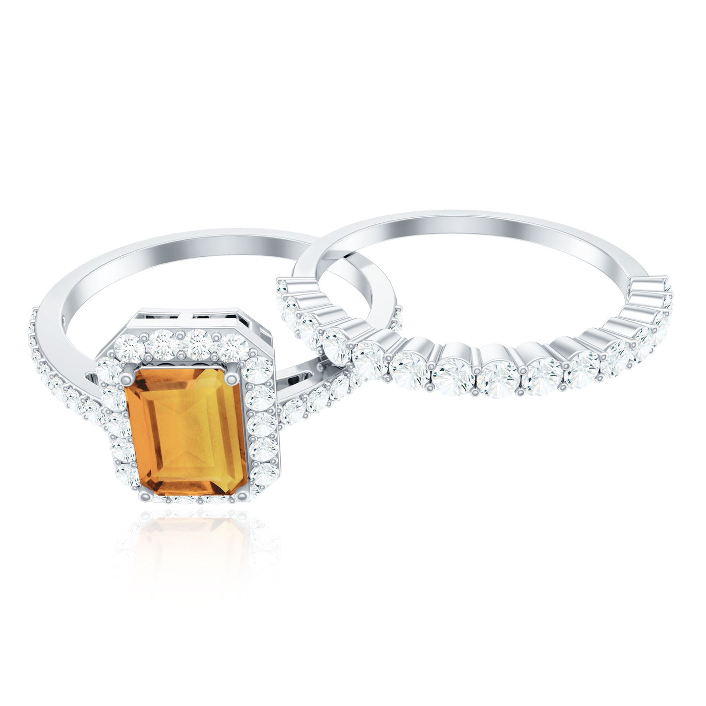 Emerald Cut Citrine Halo Engagement Ring with Moissanite Wedding Band Rosec Jewels