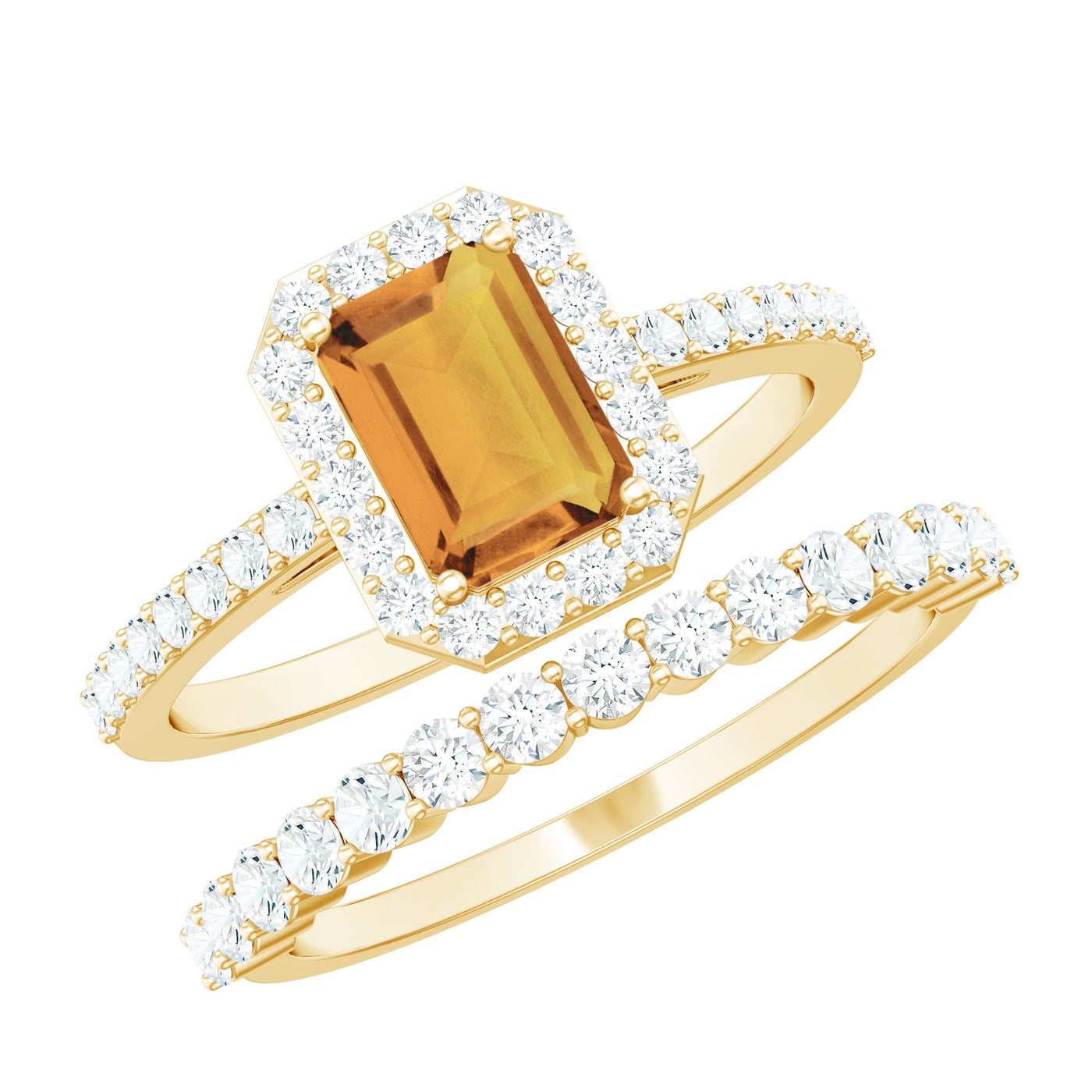 Emerald Cut Citrine Halo Engagement Ring with Moissanite Wedding Band Rosec Jewels