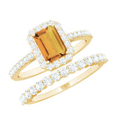 Emerald Cut Citrine Halo Engagement Ring with Moissanite Wedding Band Rosec Jewels