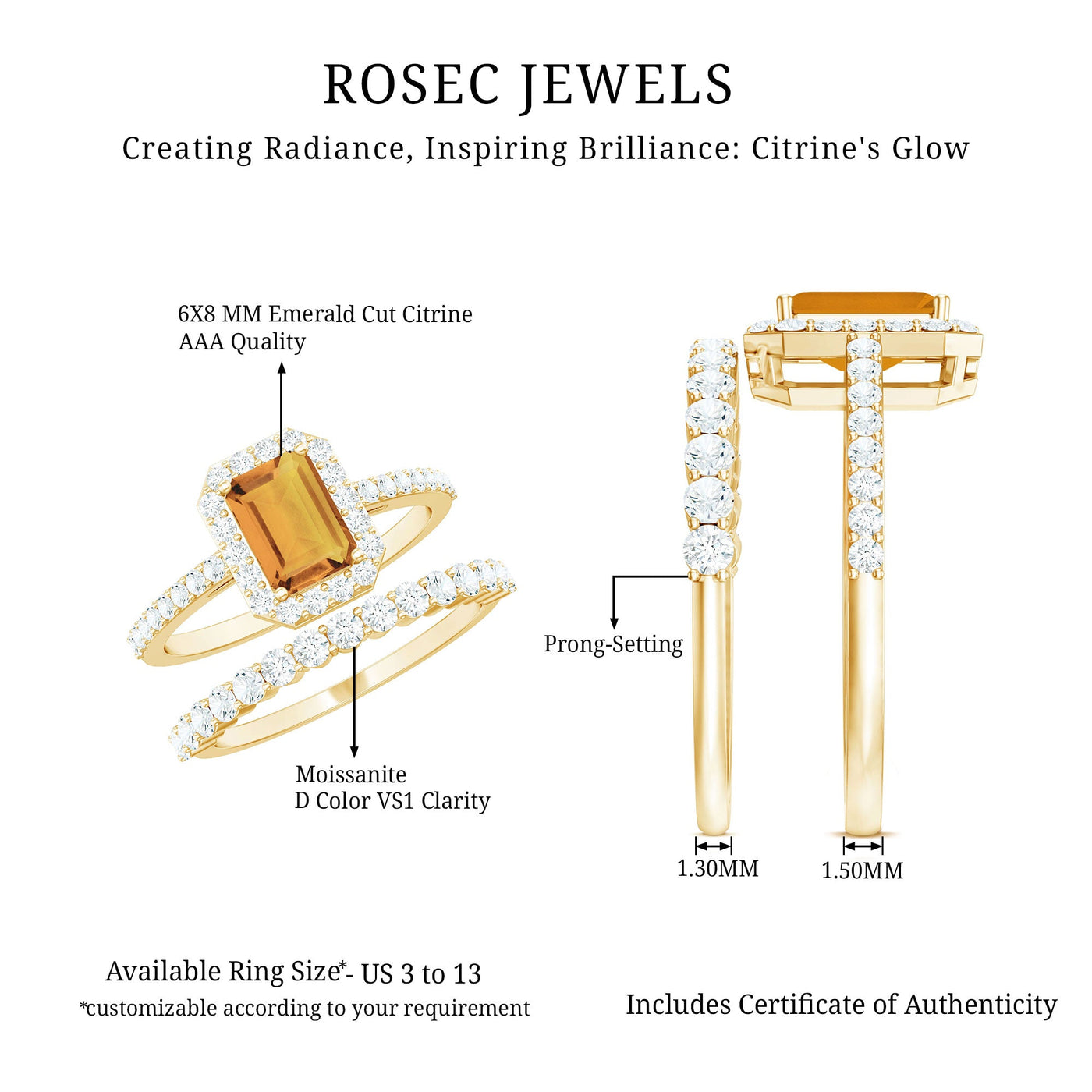Emerald Cut Citrine Halo Engagement Ring with Moissanite Wedding Band Rosec Jewels