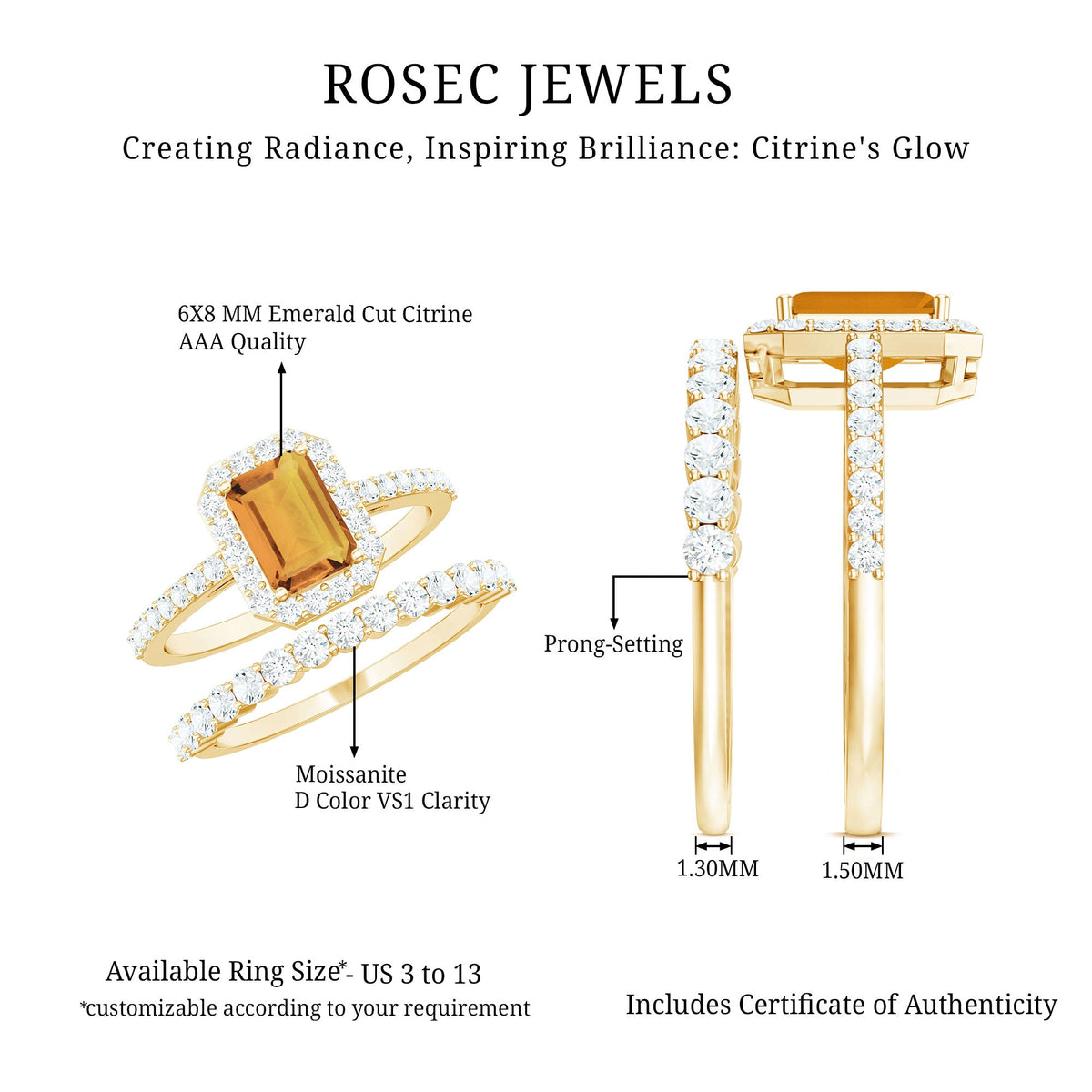 Emerald Cut Citrine Halo Engagement Ring with Moissanite Wedding Band Rosec Jewels