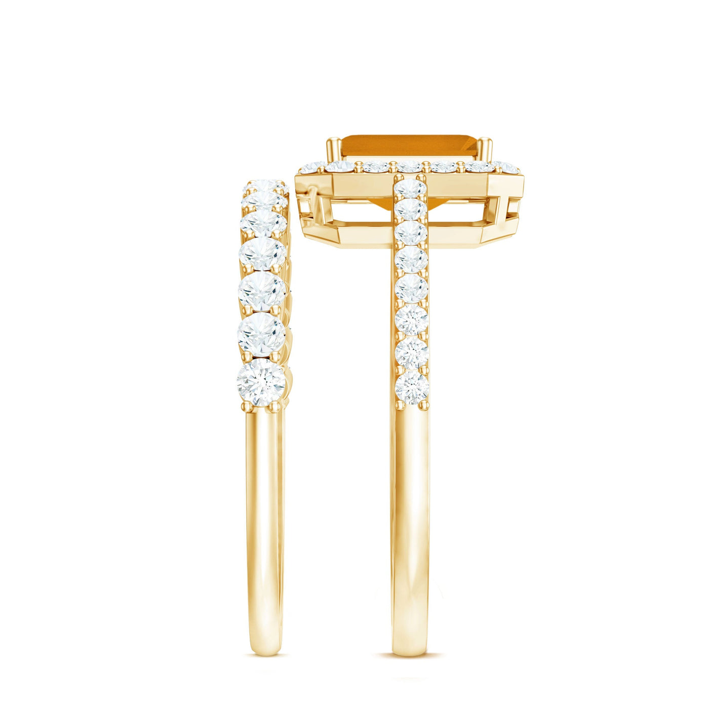 Emerald Cut Citrine Halo Engagement Ring with Moissanite Wedding Band Rosec Jewels