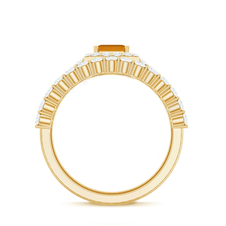 Emerald Cut Citrine Halo Engagement Ring with Moissanite Wedding Band Rosec Jewels
