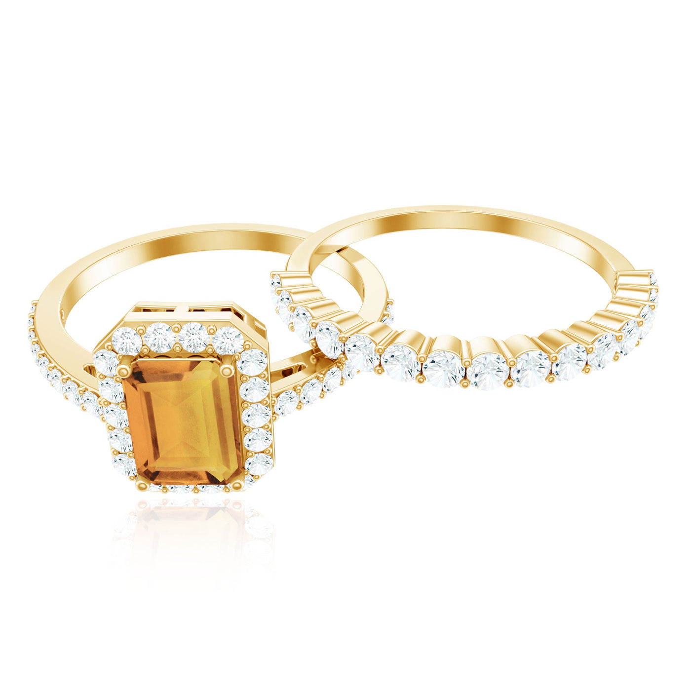Emerald Cut Citrine Halo Engagement Ring with Moissanite Wedding Band Rosec Jewels