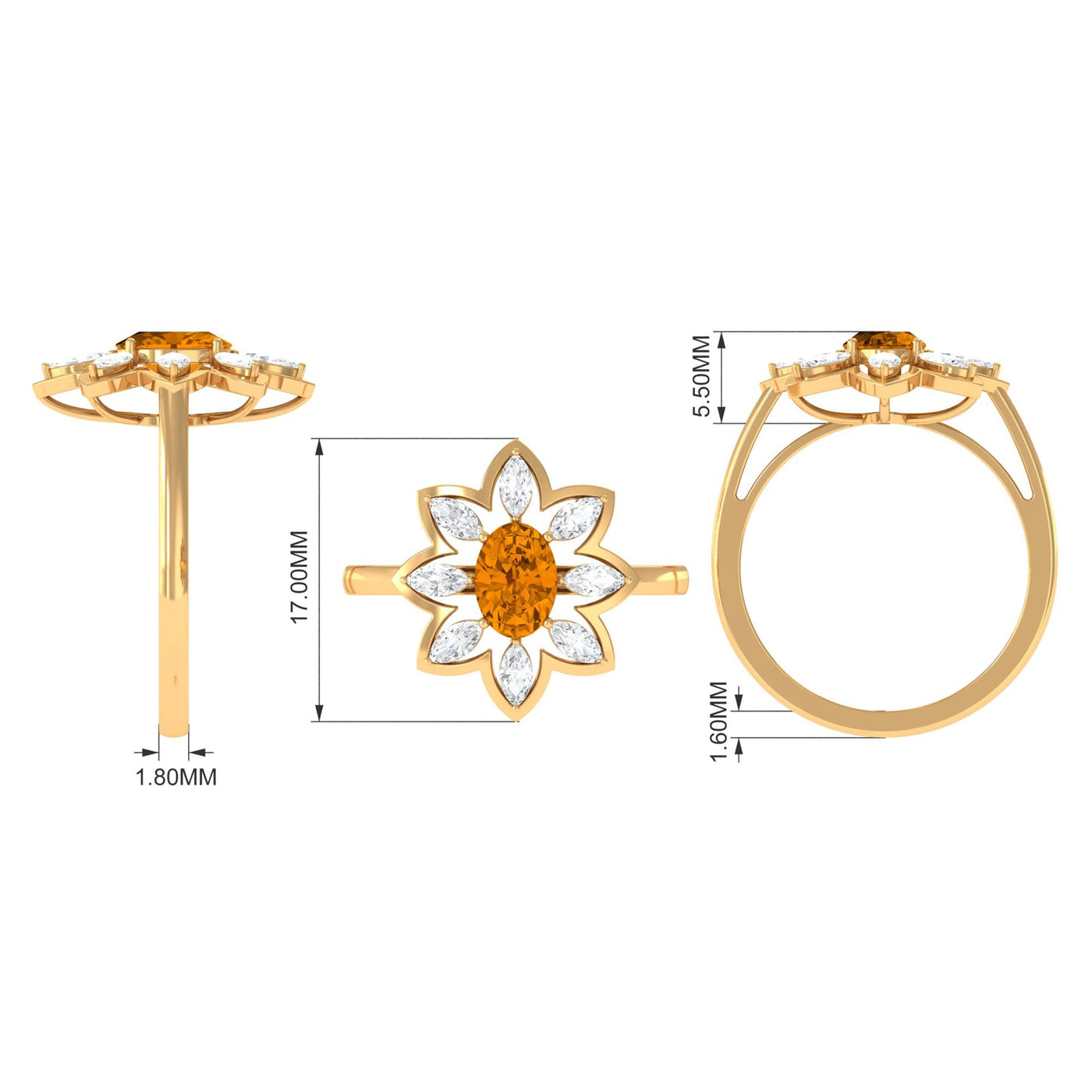 1 Carat Oval Cut Citrine Flower Engagement Ring with Diamond Stones Rosec Jewels