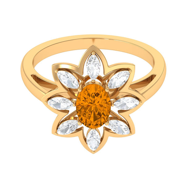 1 Carat Oval Cut Citrine Flower Engagement Ring with Diamond Stones Rosec Jewels