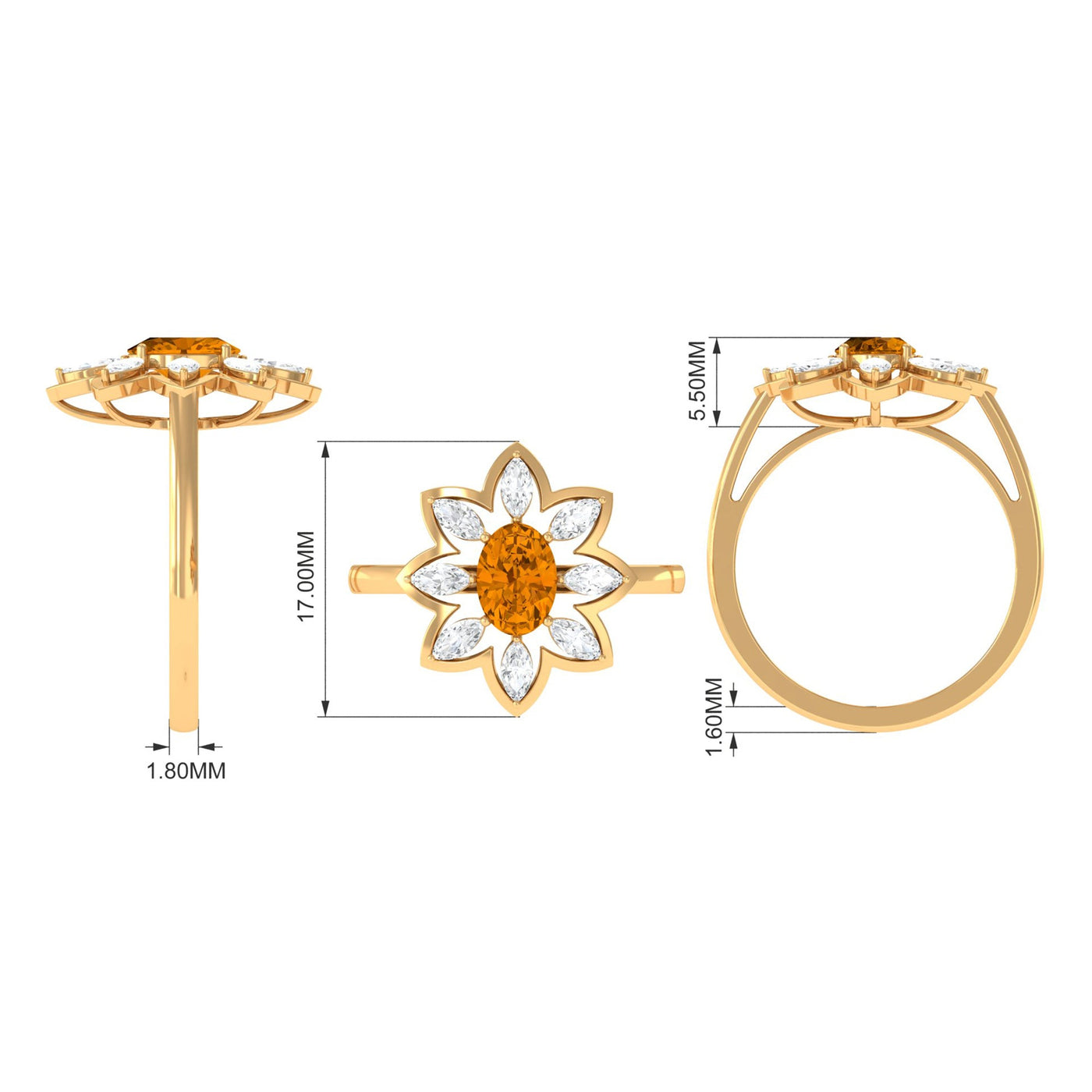 1 Carat Oval Cut Citrine Flower Engagement Ring with Diamond Stones Rosec Jewels
