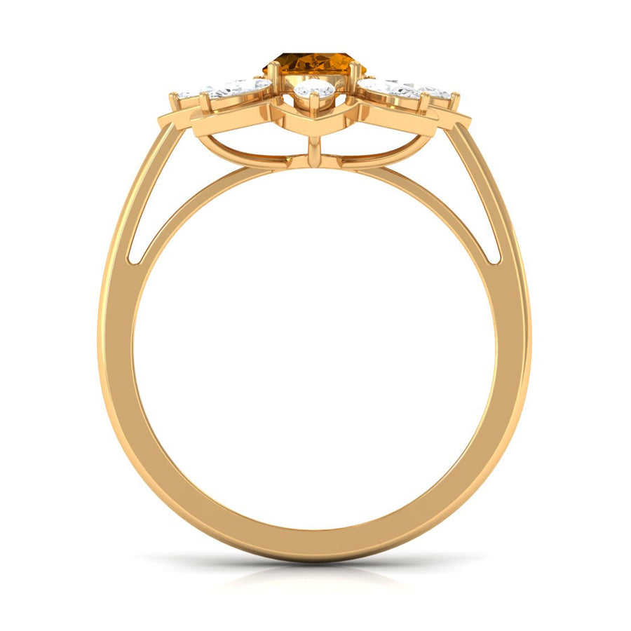 1 Carat Oval Cut Citrine Flower Engagement Ring with Diamond Stones