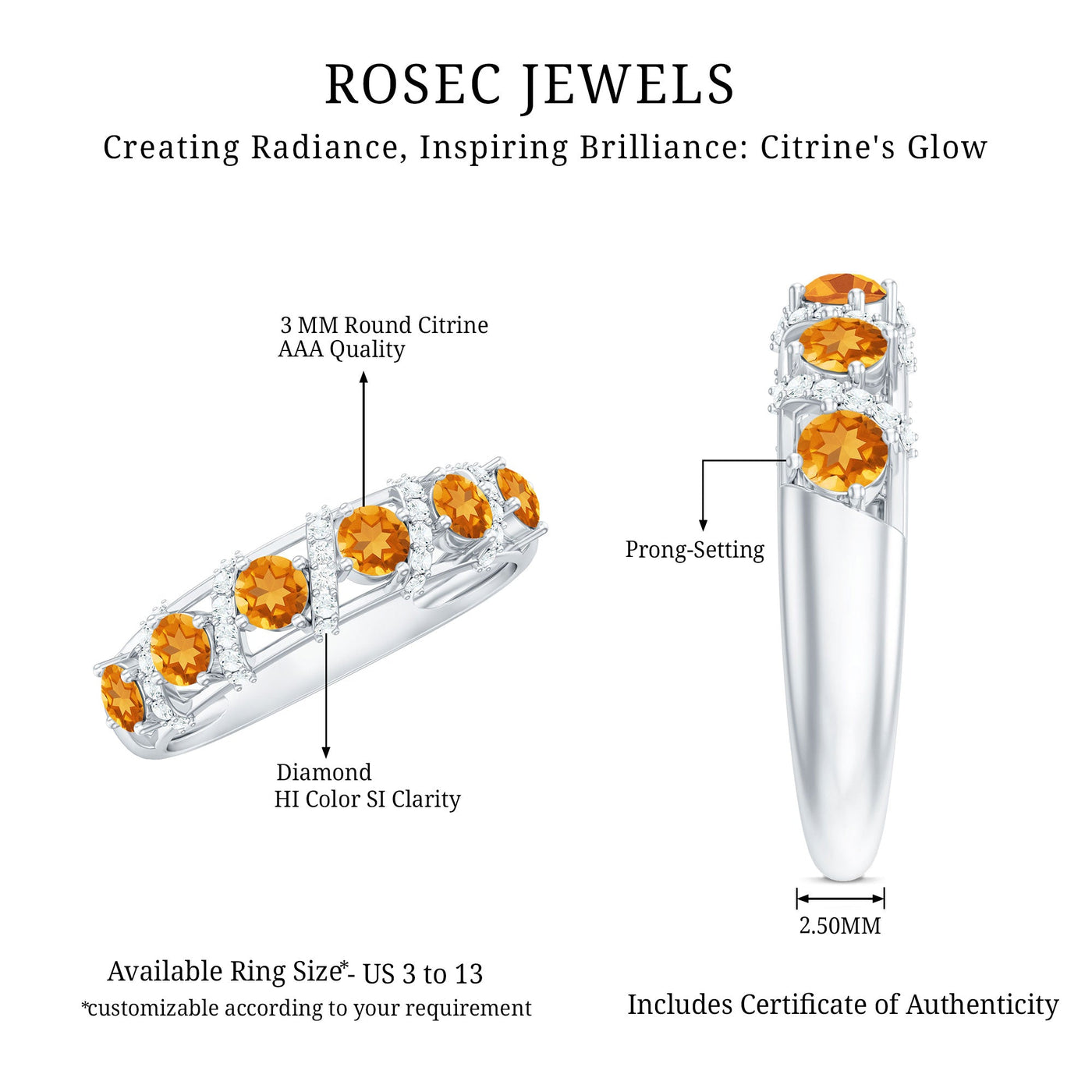 Natural Citrine Diamond Half Eternity Wedding Anniversary Ring Rosec Jewels