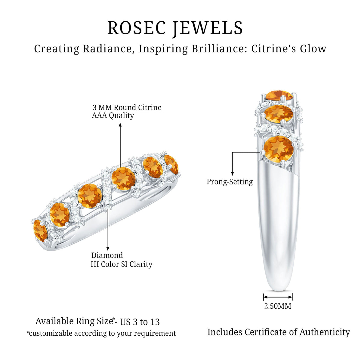 Natural Citrine Diamond Half Eternity Wedding Anniversary Ring Rosec Jewels
