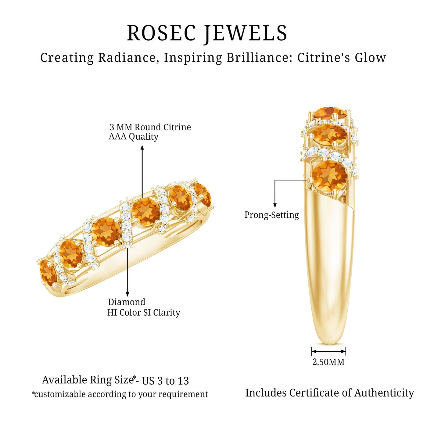 Natural Citrine Diamond Half Eternity Wedding Anniversary Ring Rosec Jewels