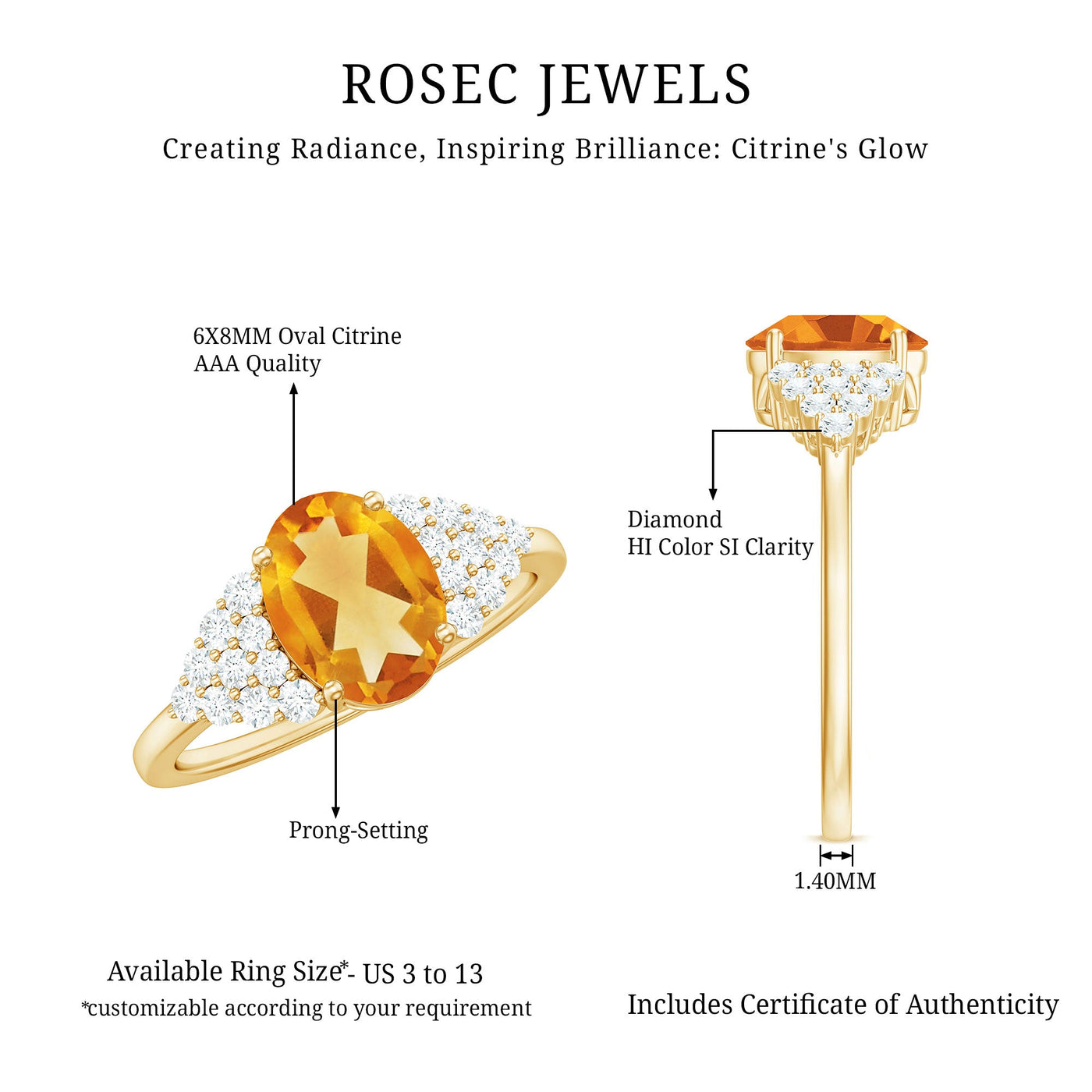 Natural Yellow Citrine Oval Engagement Ring with Diamond Side Stones Rosec Jewels