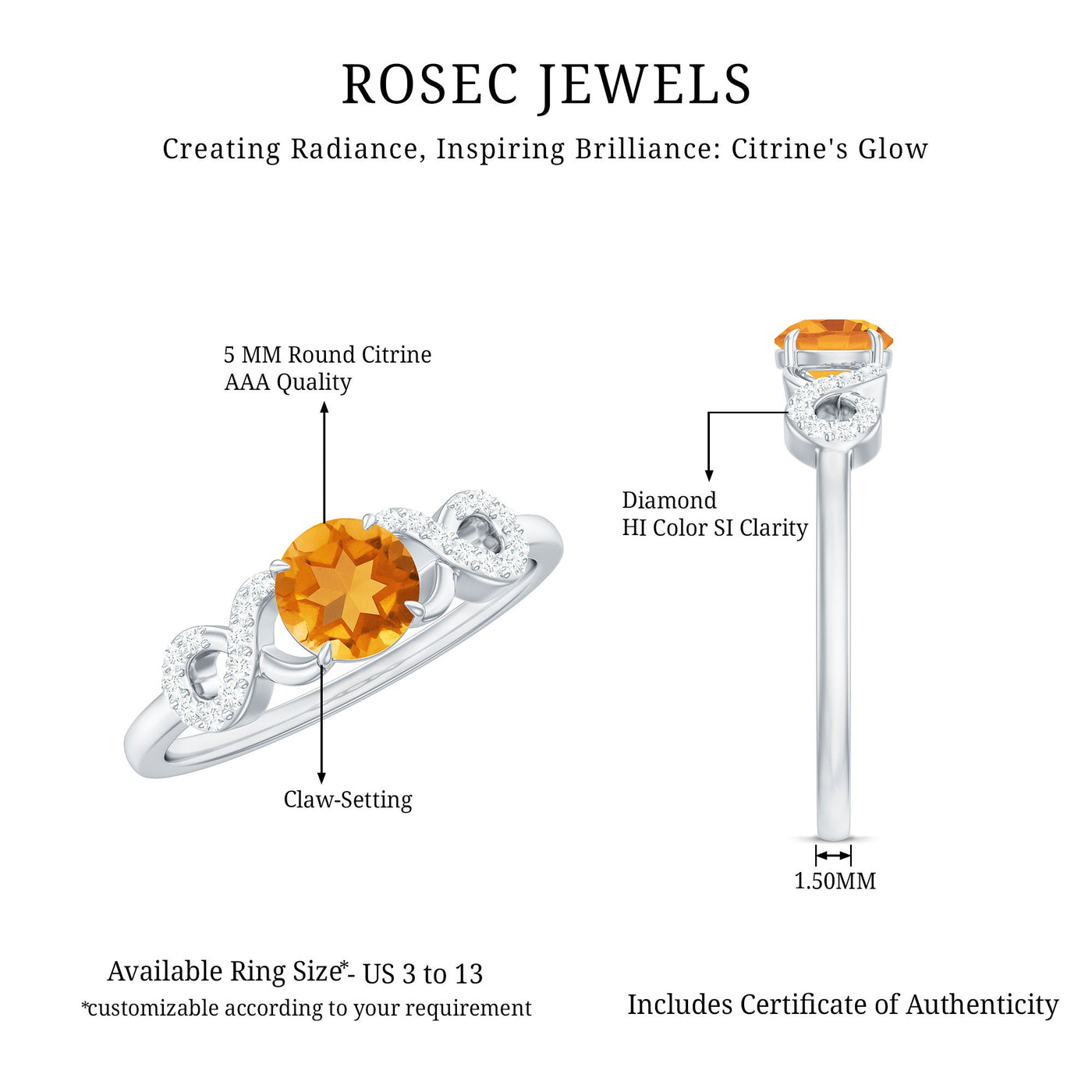 Certified Natural Citrine Infinity Promise Ring with Diamonds Rosec Jewels