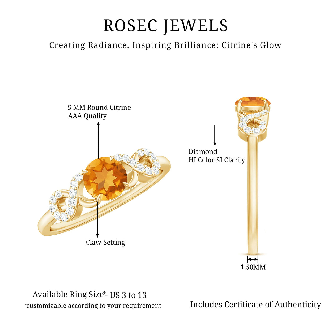 Certified Natural Citrine Infinity Promise Ring with Diamonds Rosec Jewels