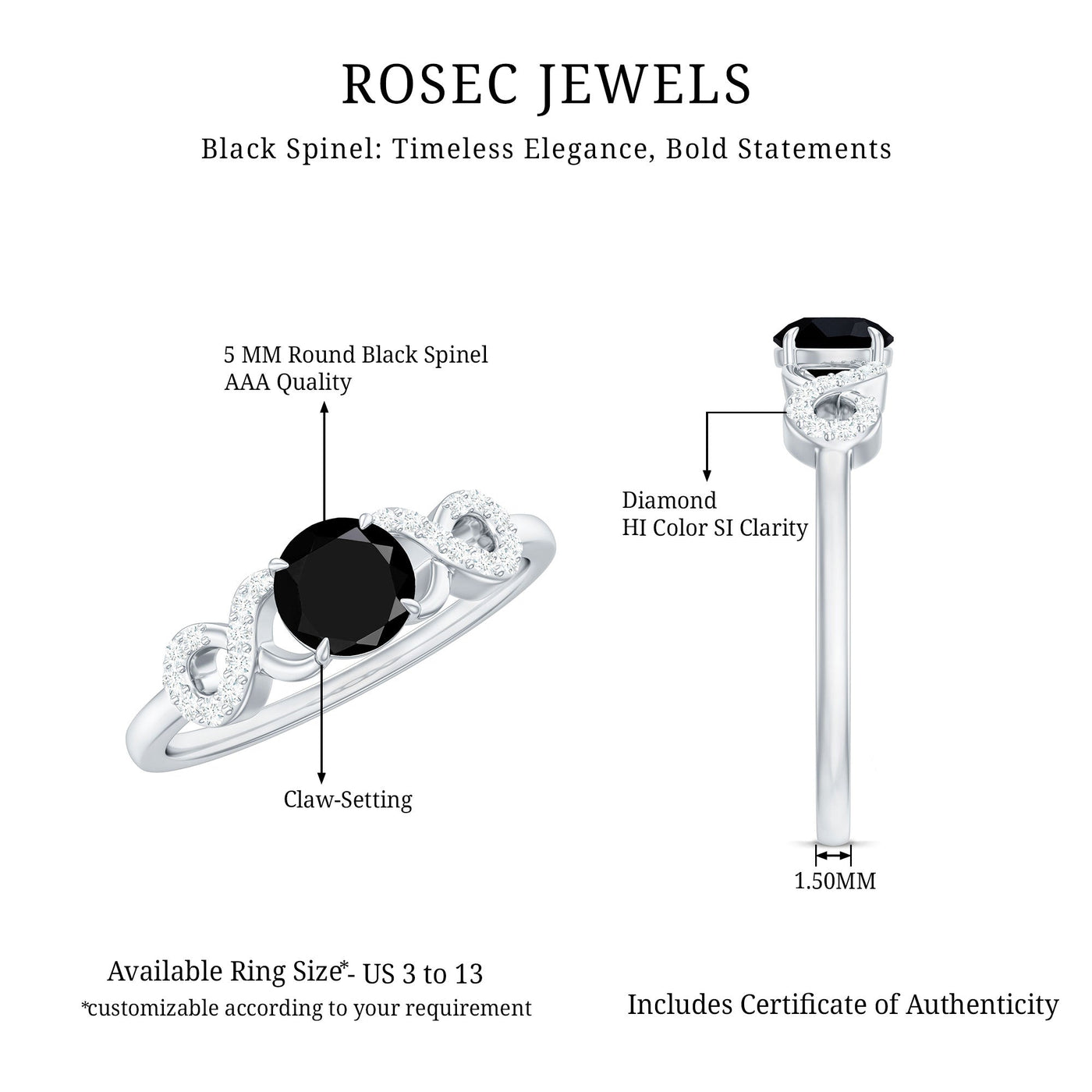 Natural Black Spinel Promise Ring with Diamond Infinity Knot Rosec Jewels