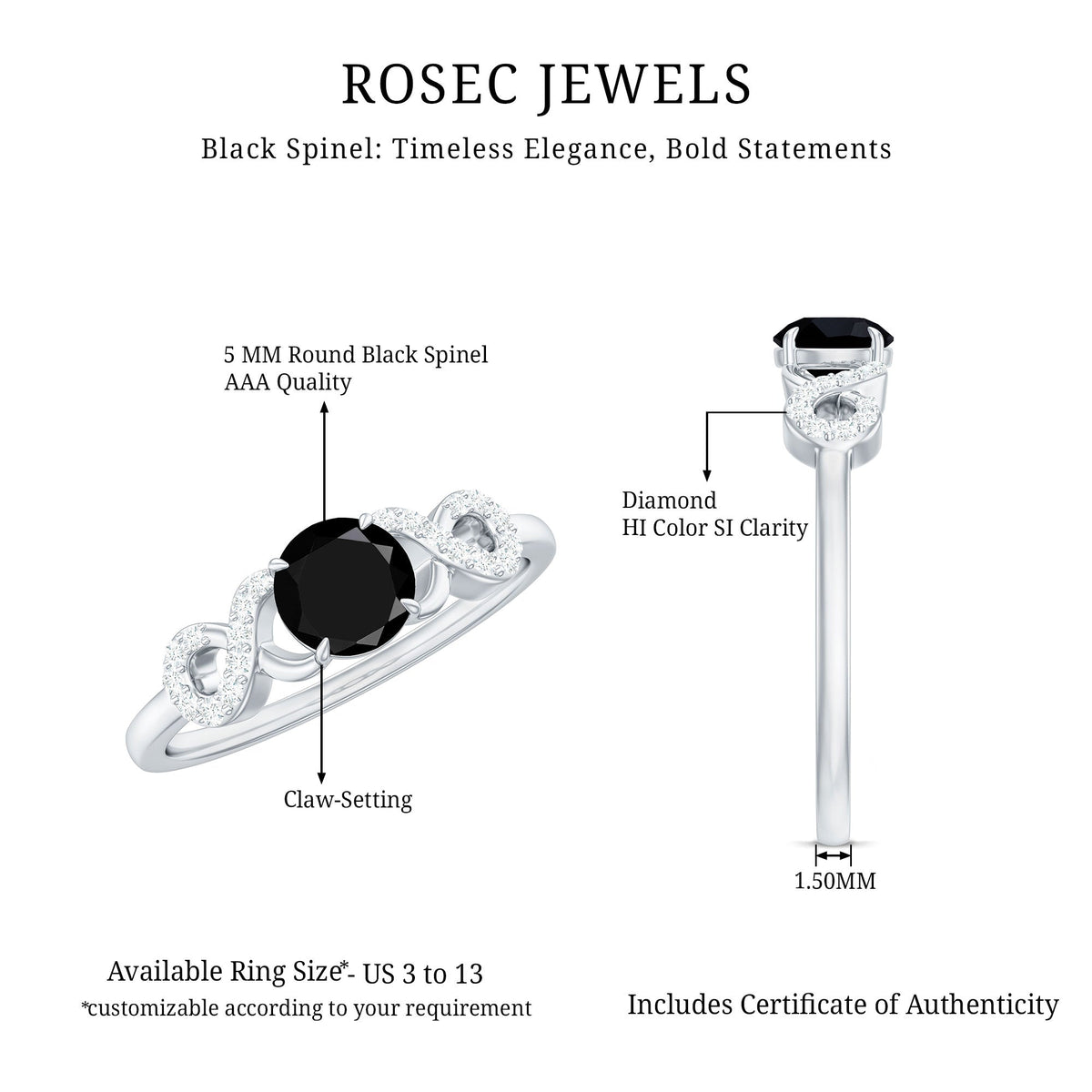 Natural Black Spinel Promise Ring with Diamond Infinity Knot Rosec Jewels