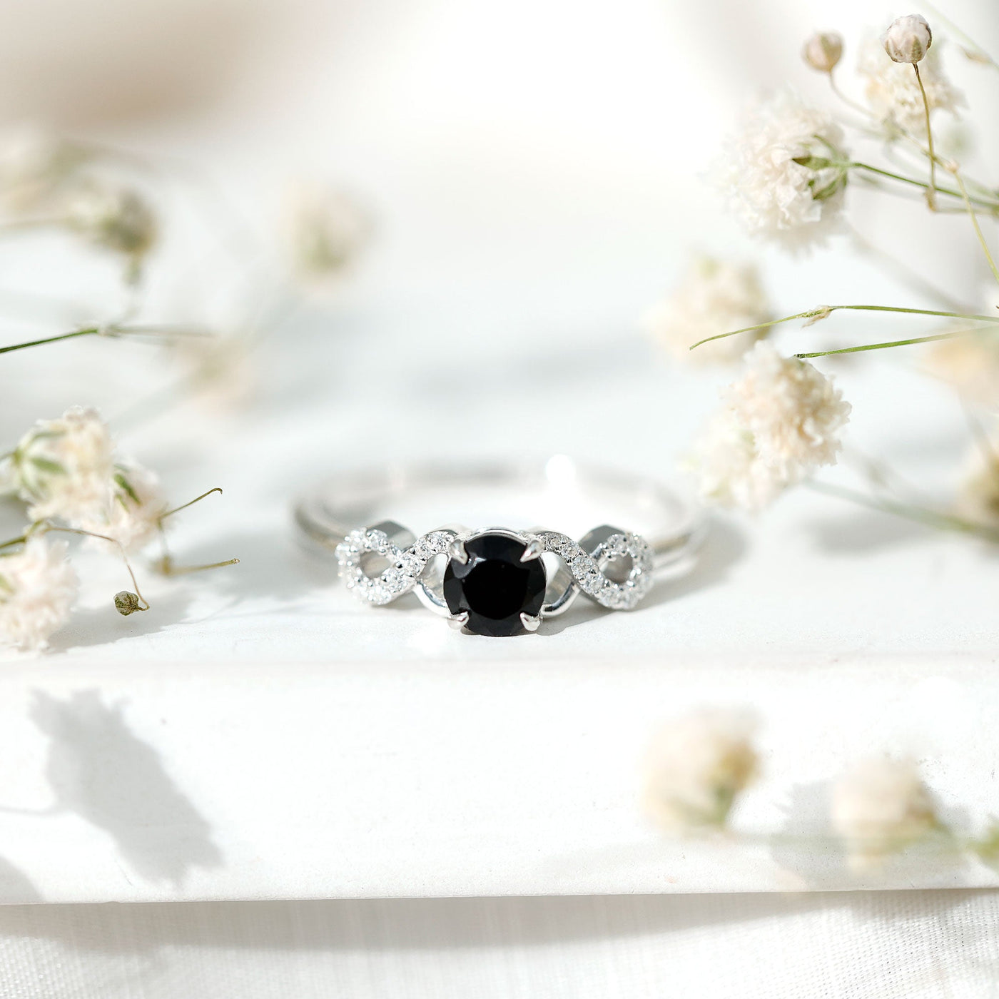 Natural Black Spinel Promise Ring with Diamond Infinity Knot Rosec Jewels