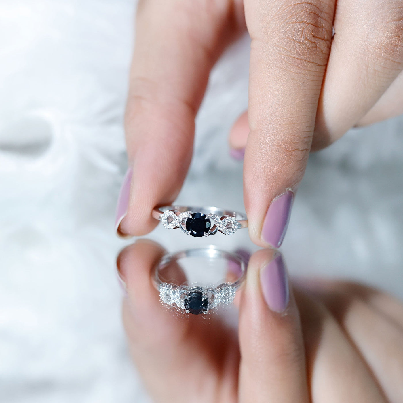 Natural Black Spinel Promise Ring with Diamond Infinity Knot Rosec Jewels