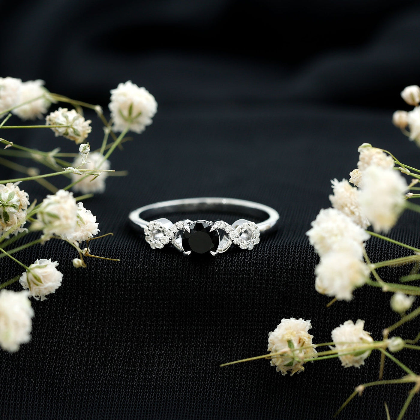 Natural Black Spinel Promise Ring with Diamond Infinity Knot Rosec Jewels