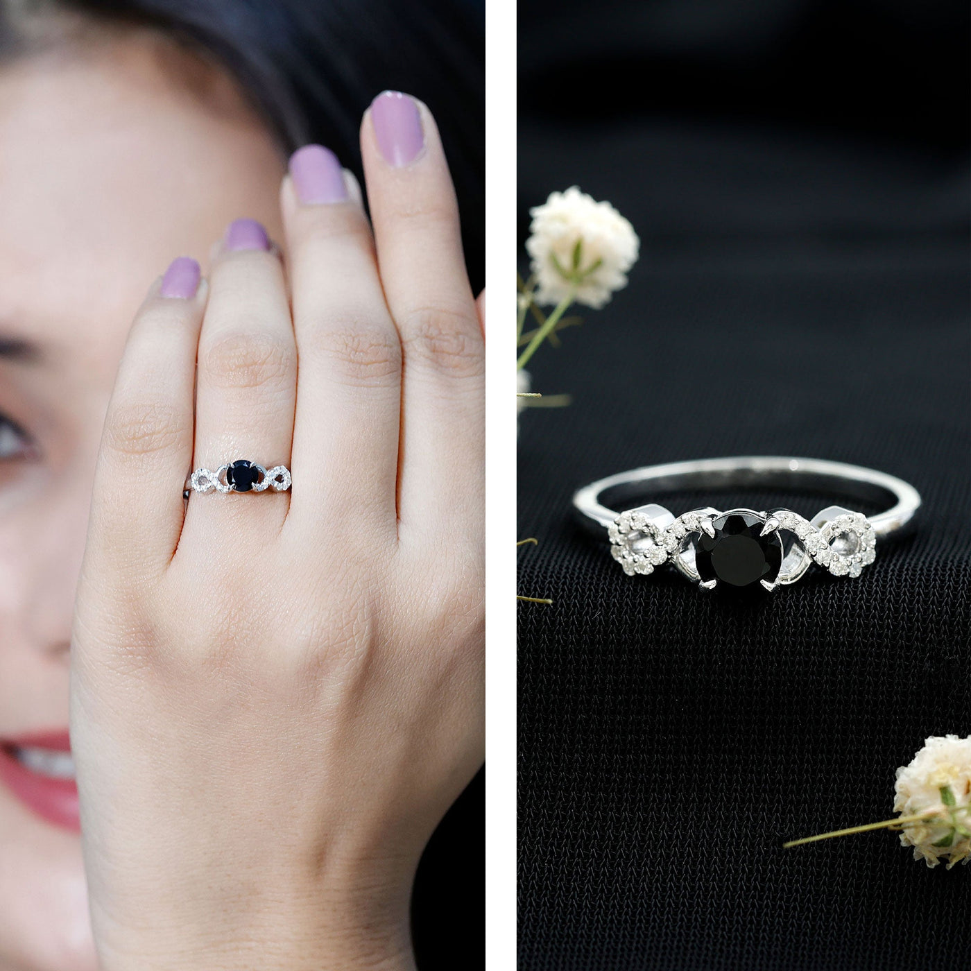 Natural Black Spinel Promise Ring with Diamond Infinity Knot Rosec Jewels