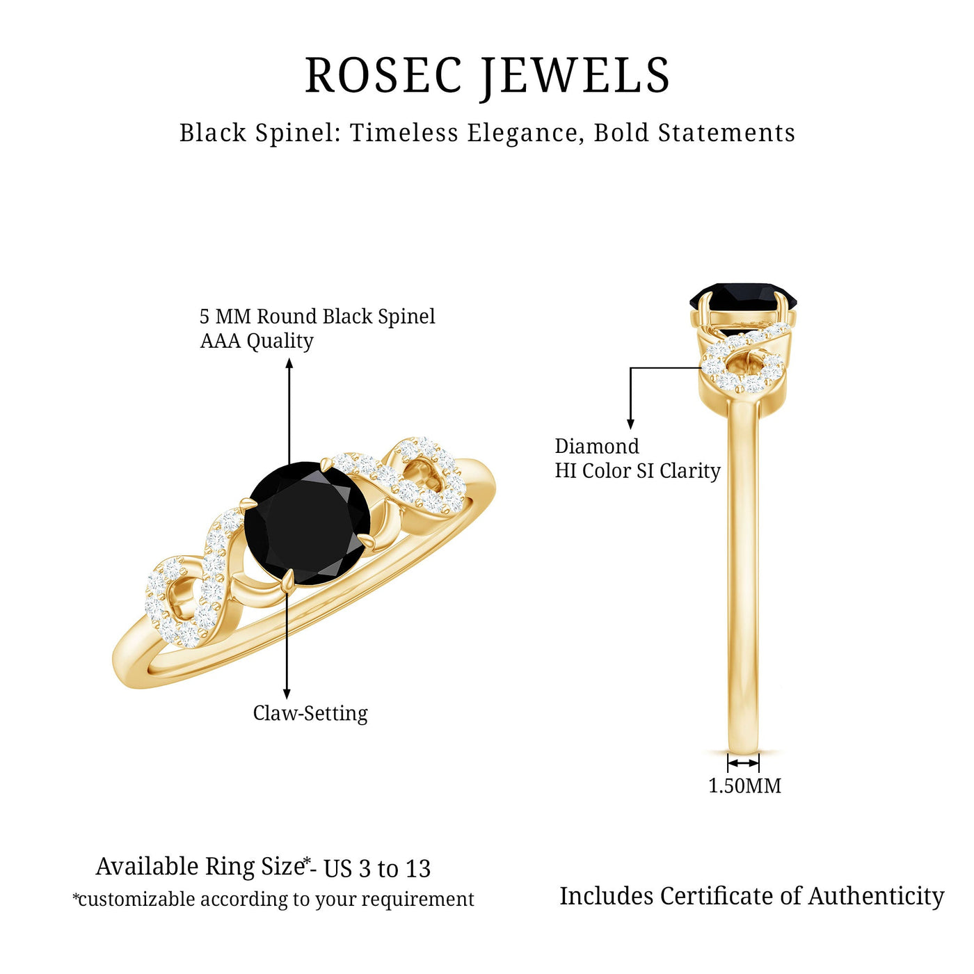 Natural Black Spinel Promise Ring with Diamond Infinity Knot Rosec Jewels