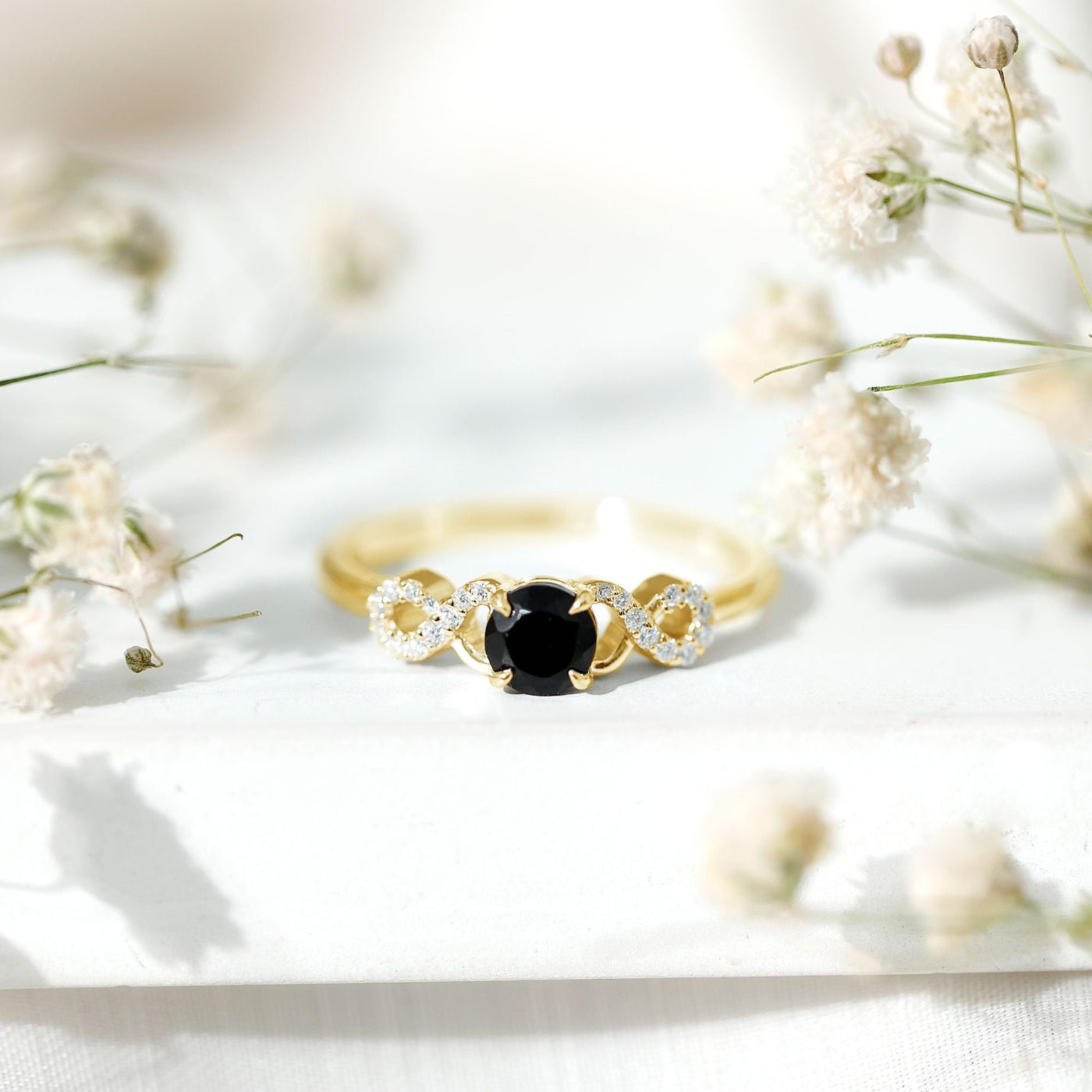 Natural Black Spinel Promise Ring with Diamond Infinity Knot Rosec Jewels