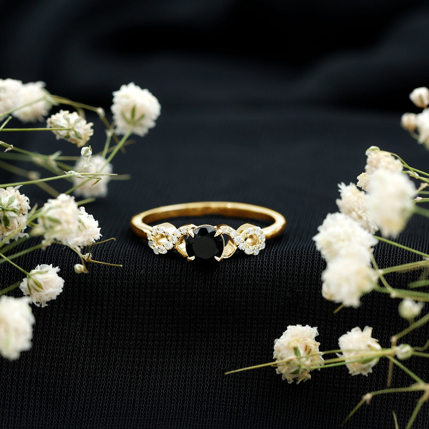 Natural Black Spinel Promise Ring with Diamond Infinity Knot Rosec Jewels