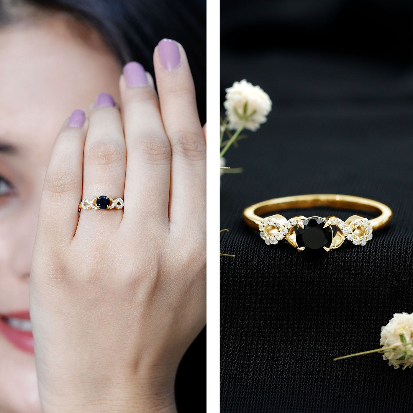 Natural Black Spinel Promise Ring with Diamond Infinity Knot Rosec Jewels