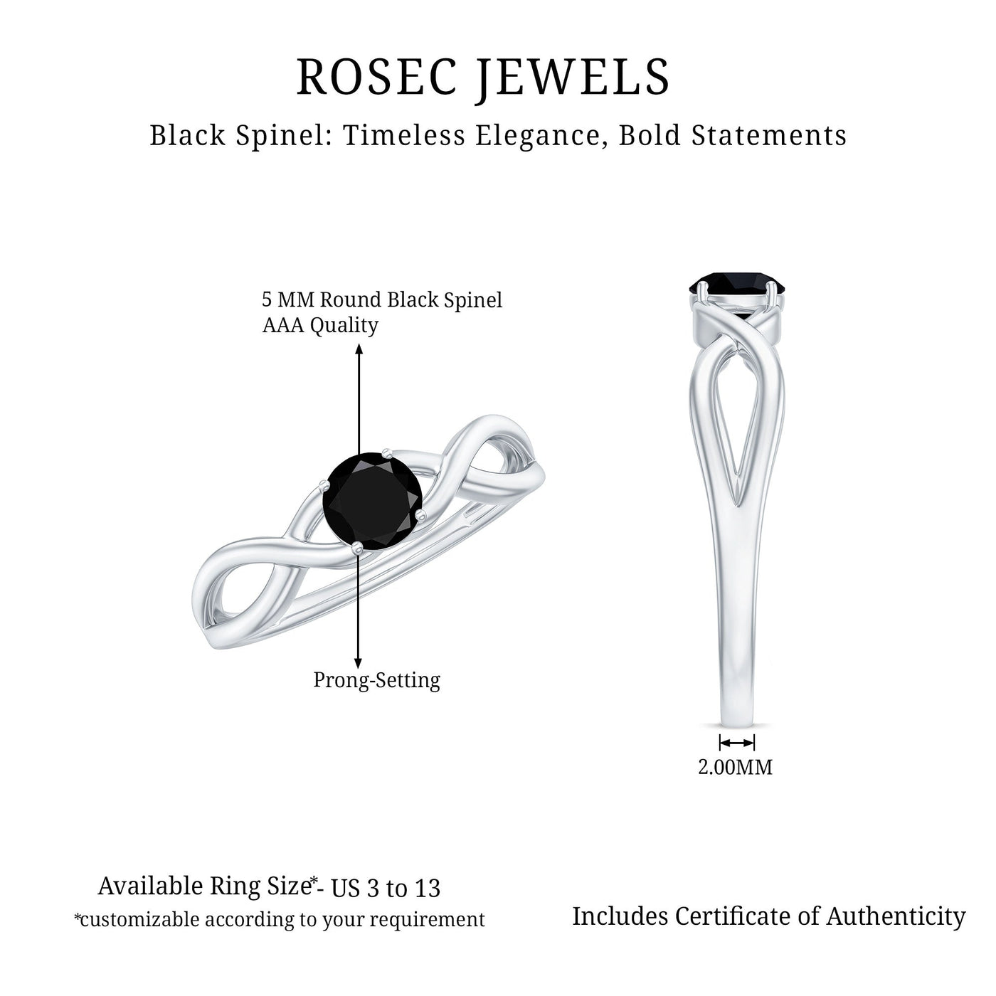 Natural Black Spinel Proposal Ring with Crossover Shank Rosec Jewels