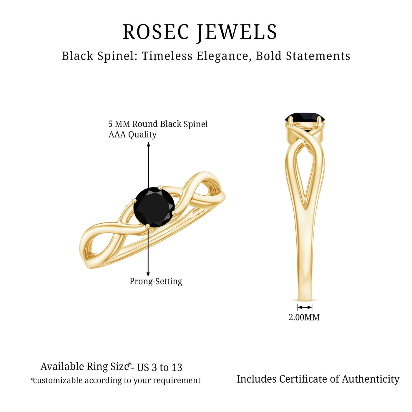 Natural Black Spinel Proposal Ring with Crossover Shank Rosec Jewels