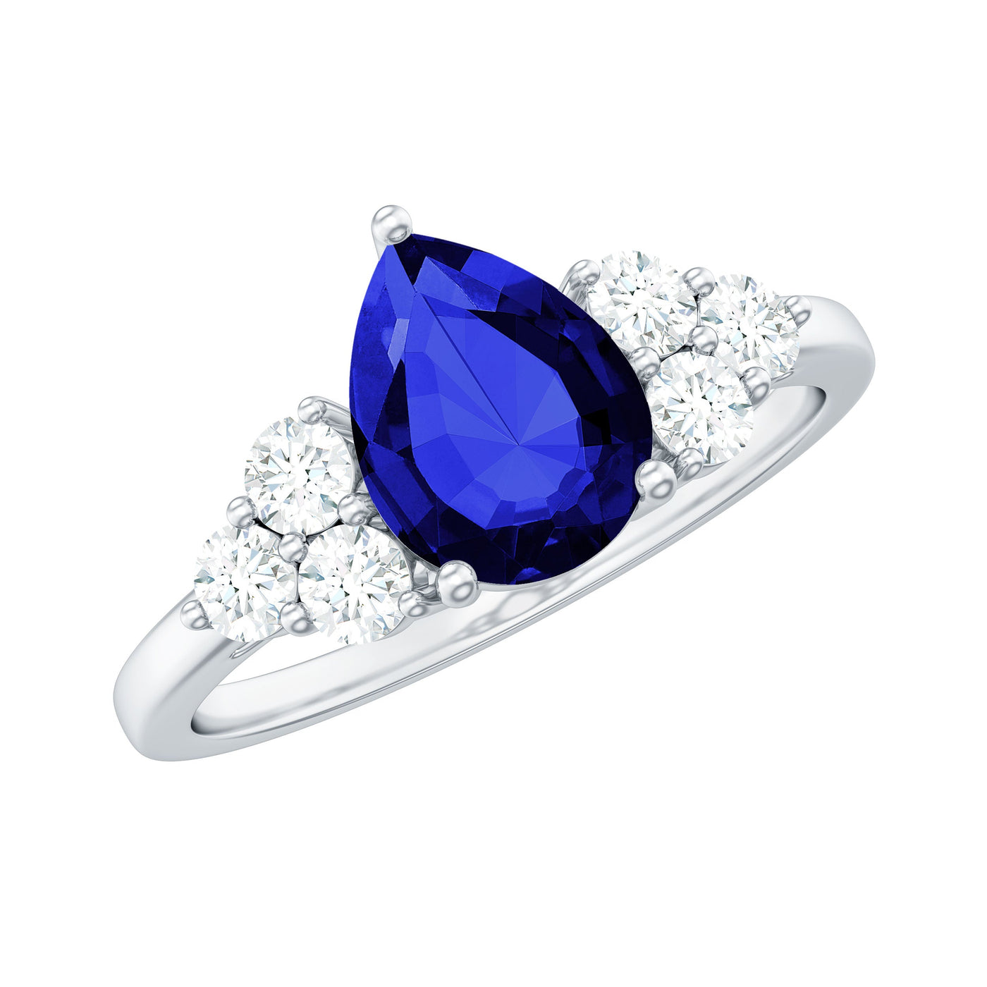 Certified 1.6 Carat Lab Grown Blue Sapphire Pear Engagement Ring with Diamond Trio Rosec Jewels