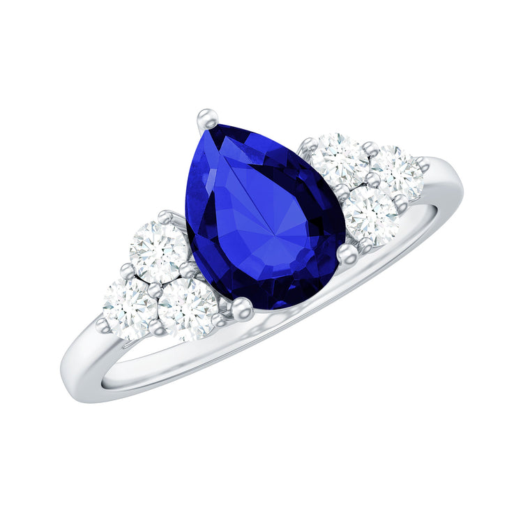 Certified 1.6 Carat Lab Grown Blue Sapphire Pear Engagement Ring with Diamond Trio Rosec Jewels