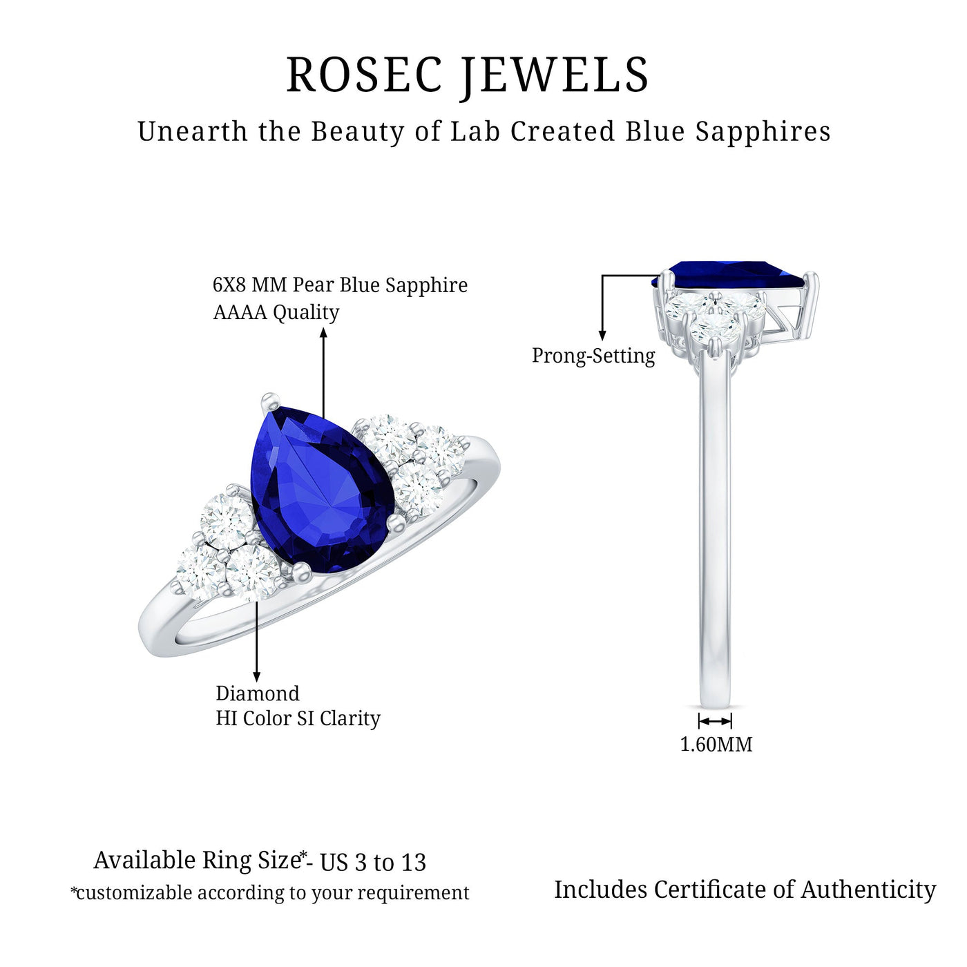 Certified 1.6 Carat Lab Grown Blue Sapphire Pear Engagement Ring with Diamond Trio Rosec Jewels