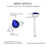 Certified 1.6 Carat Lab Grown Blue Sapphire Pear Engagement Ring with Diamond Trio Rosec Jewels