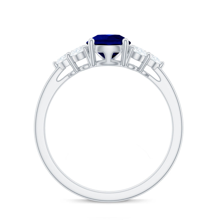 Certified 1.6 Carat Lab Grown Blue Sapphire Pear Engagement Ring with Diamond Trio Rosec Jewels