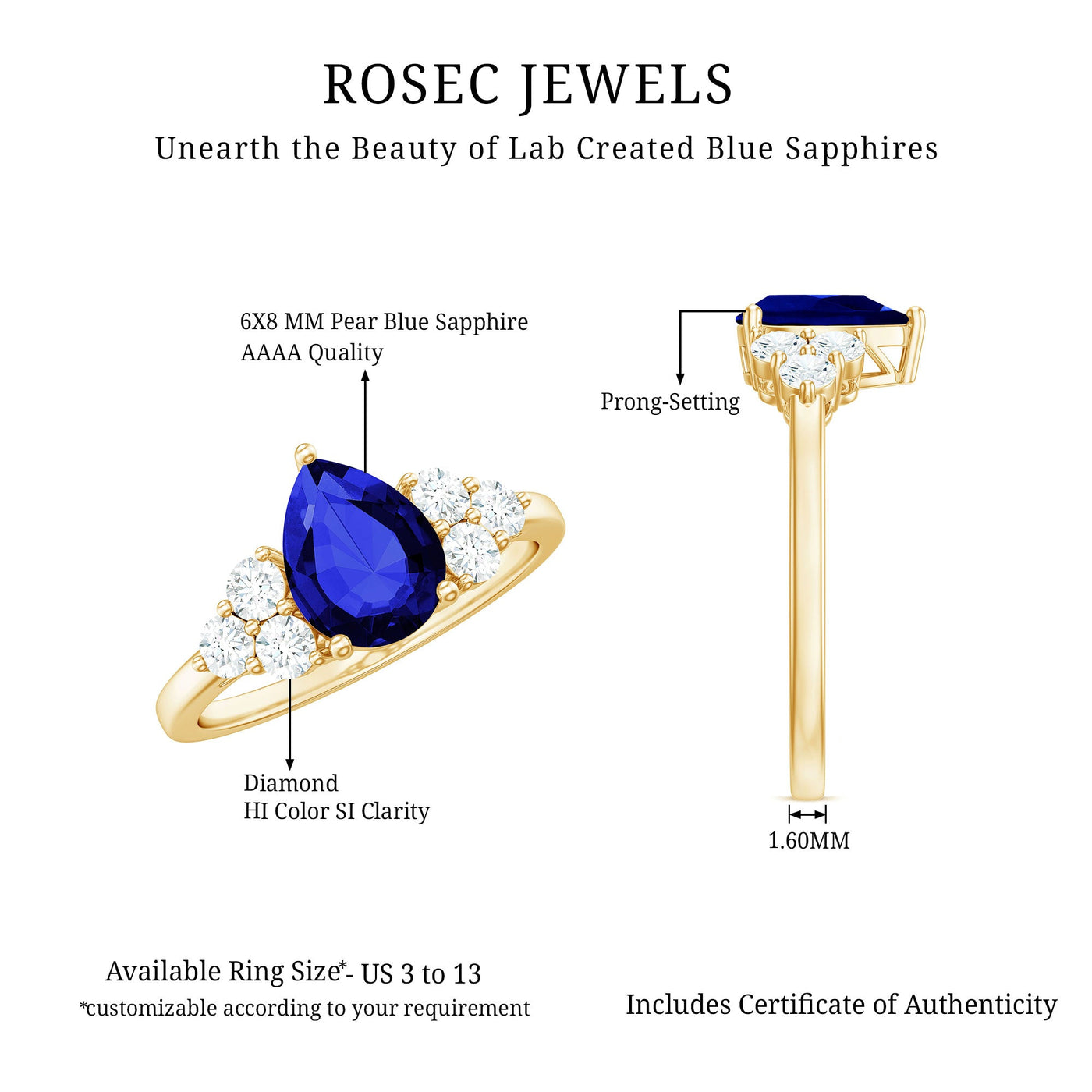 Certified 1.6 Carat Lab Grown Blue Sapphire Pear Engagement Ring with Diamond Trio Rosec Jewels