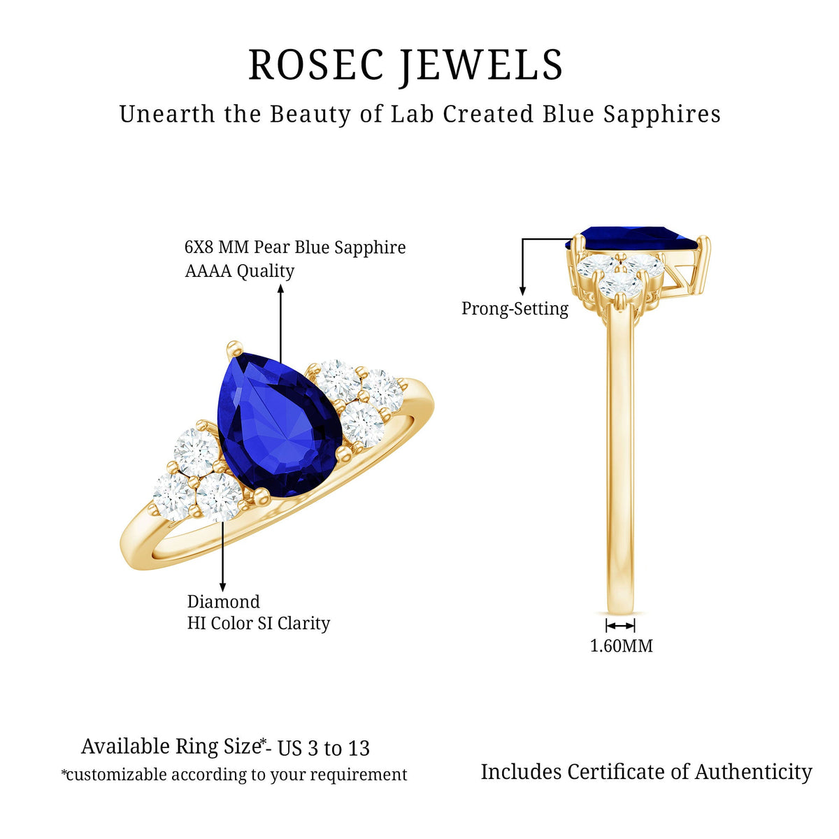 Certified 1.6 Carat Lab Grown Blue Sapphire Pear Engagement Ring with Diamond Trio Rosec Jewels