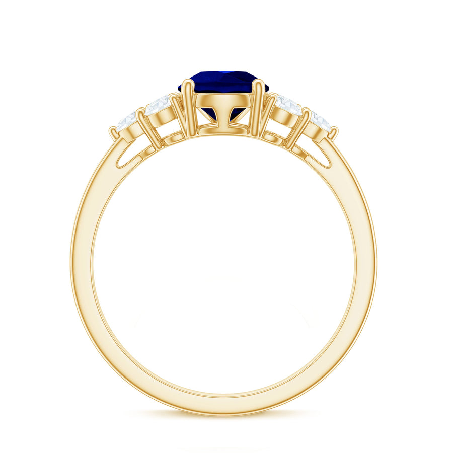 Certified 1.6 Carat Lab Grown Blue Sapphire Pear Engagement Ring with Diamond Trio