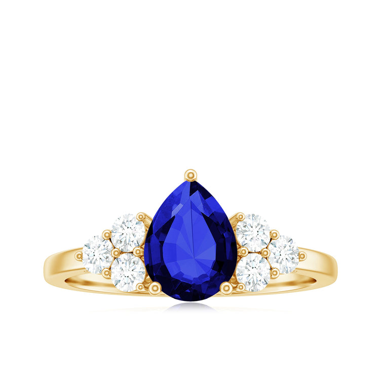 Certified 1.6 Carat Lab Grown Blue Sapphire Pear Engagement Ring with Diamond Trio Rosec Jewels