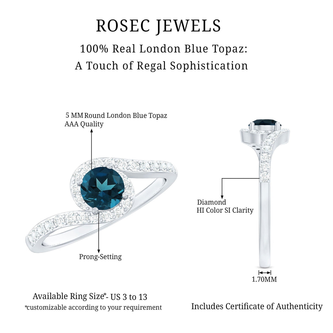 London Blue Topaz Bypass Promise Ring with Diamond Halo Rosec Jewels
