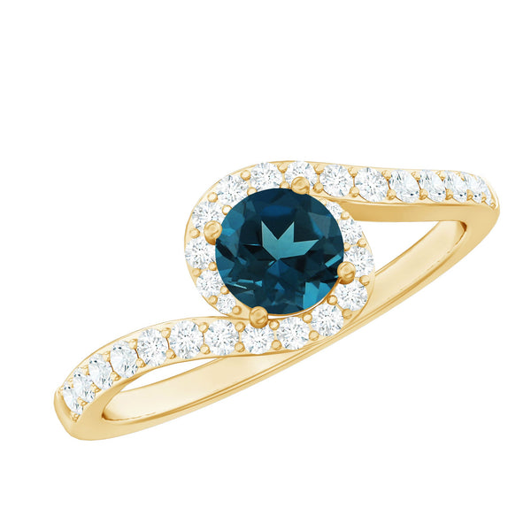 London Blue Topaz Bypass Promise Ring with Diamond Halo Rosec Jewels