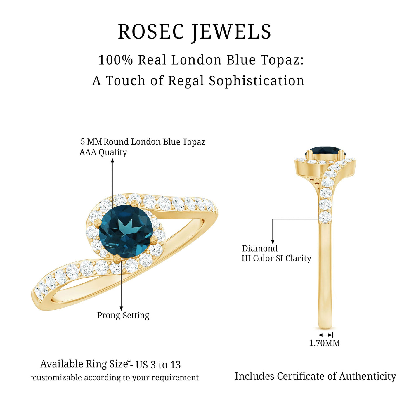 London Blue Topaz Bypass Promise Ring with Diamond Halo Rosec Jewels