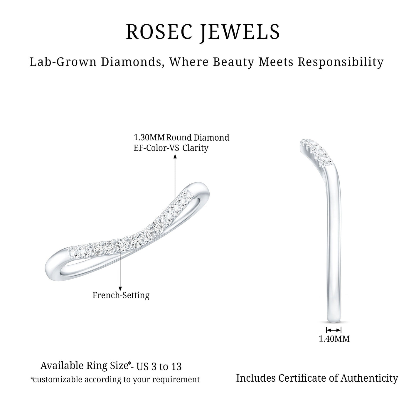 Certified Lab Grown Diamond Curved Stackable Ring Rosec Jewels
