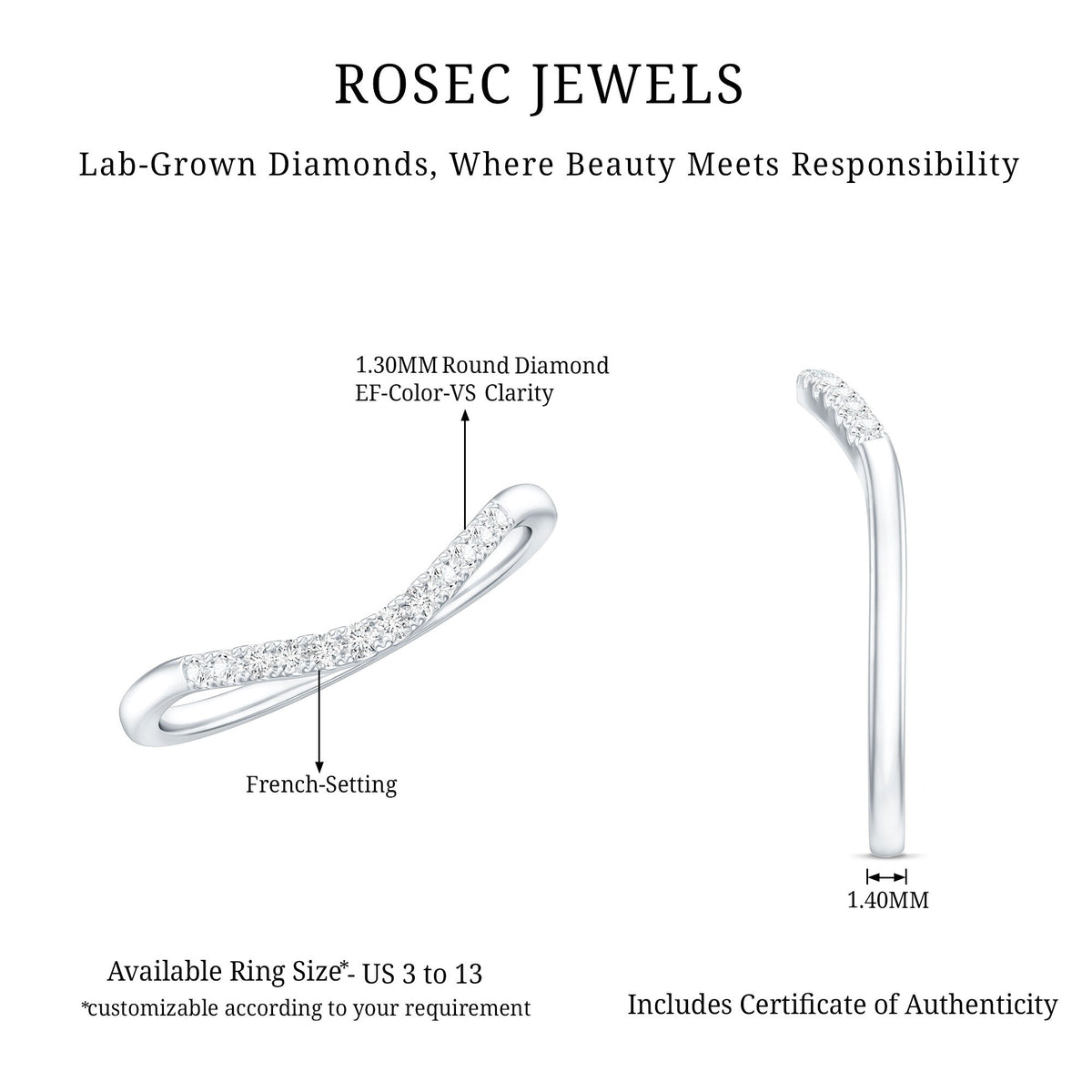 Certified Lab Grown Diamond Curved Stackable Ring Rosec Jewels