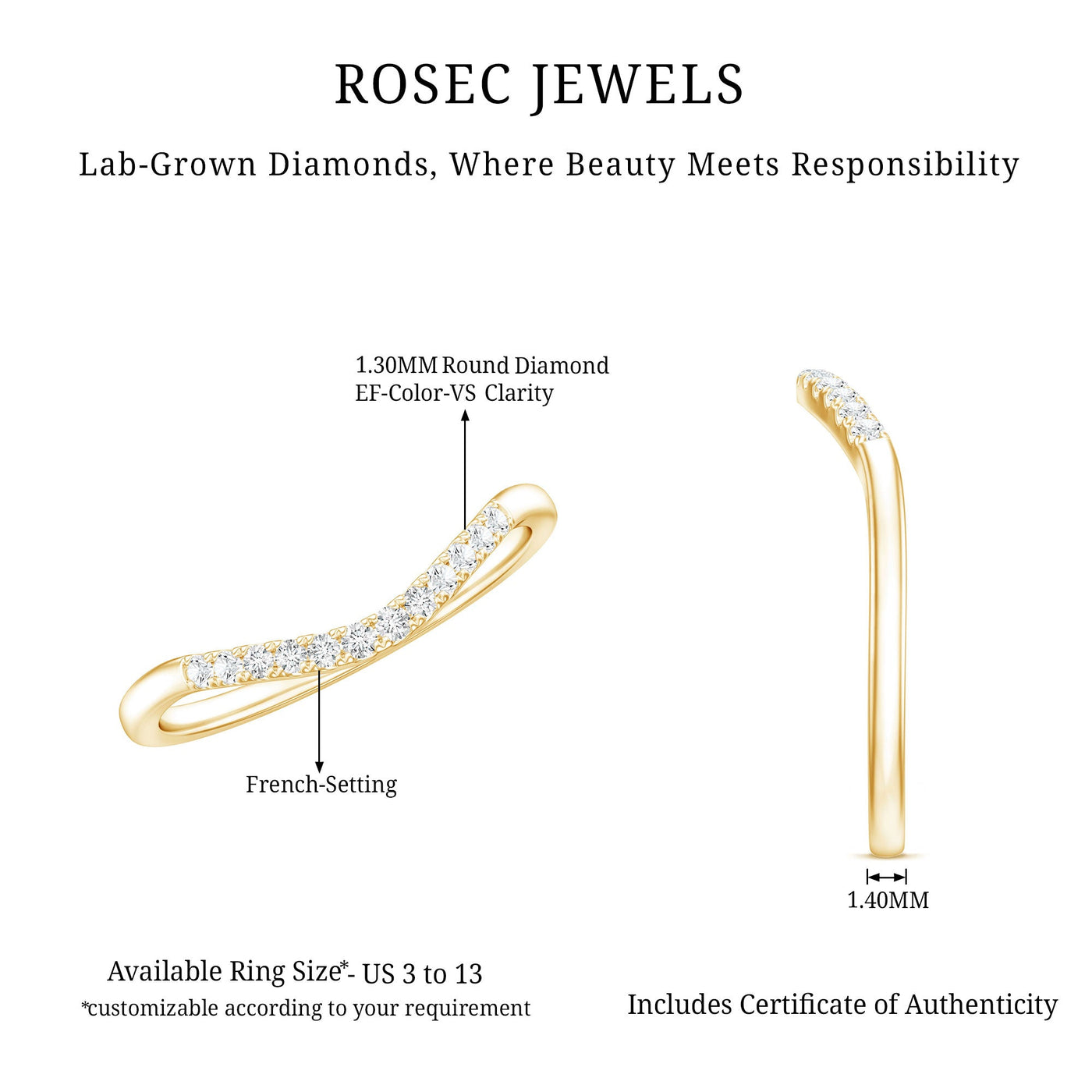 Certified Lab Grown Diamond Curved Stackable Ring Rosec Jewels