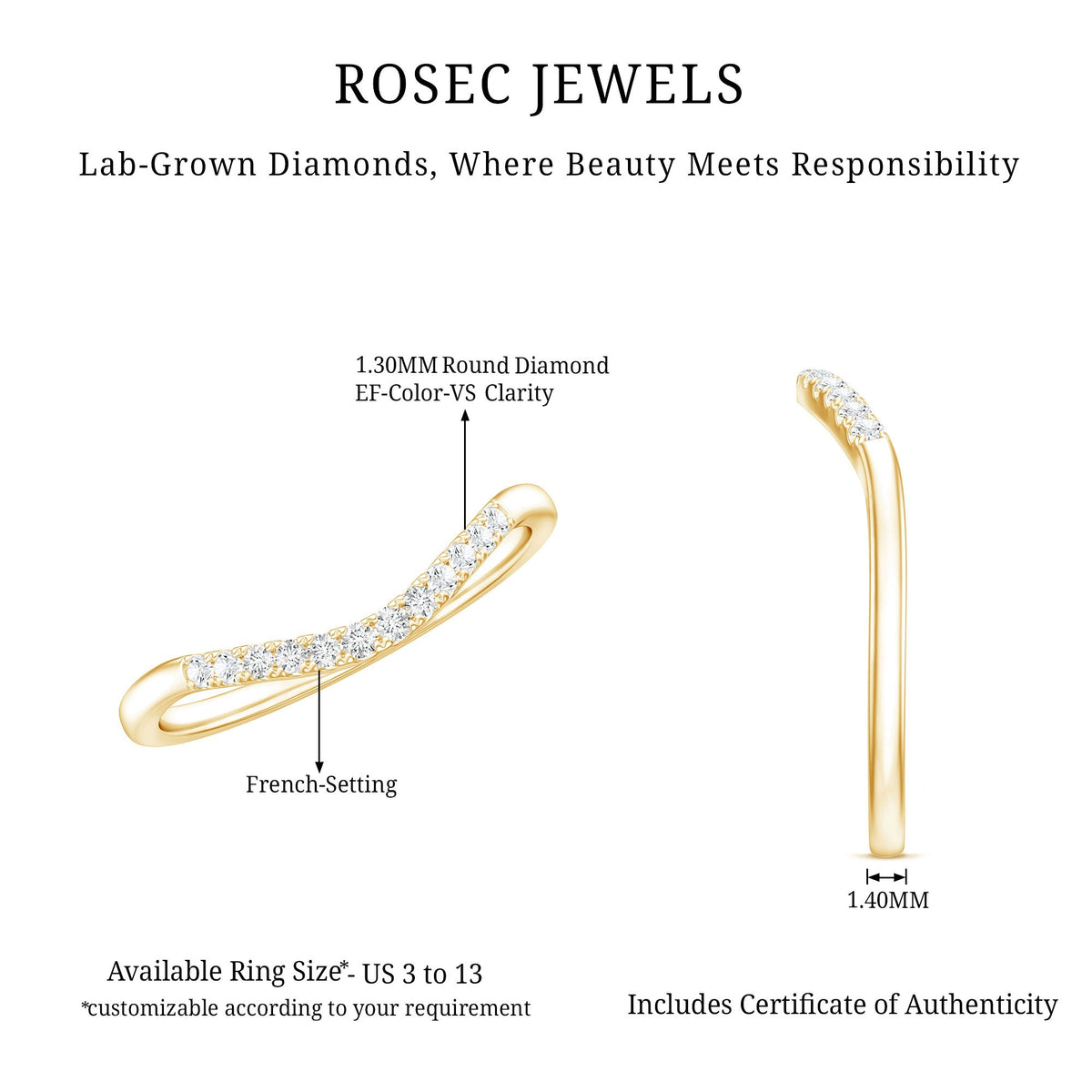 Certified Lab Grown Diamond Curved Stackable Ring Rosec Jewels