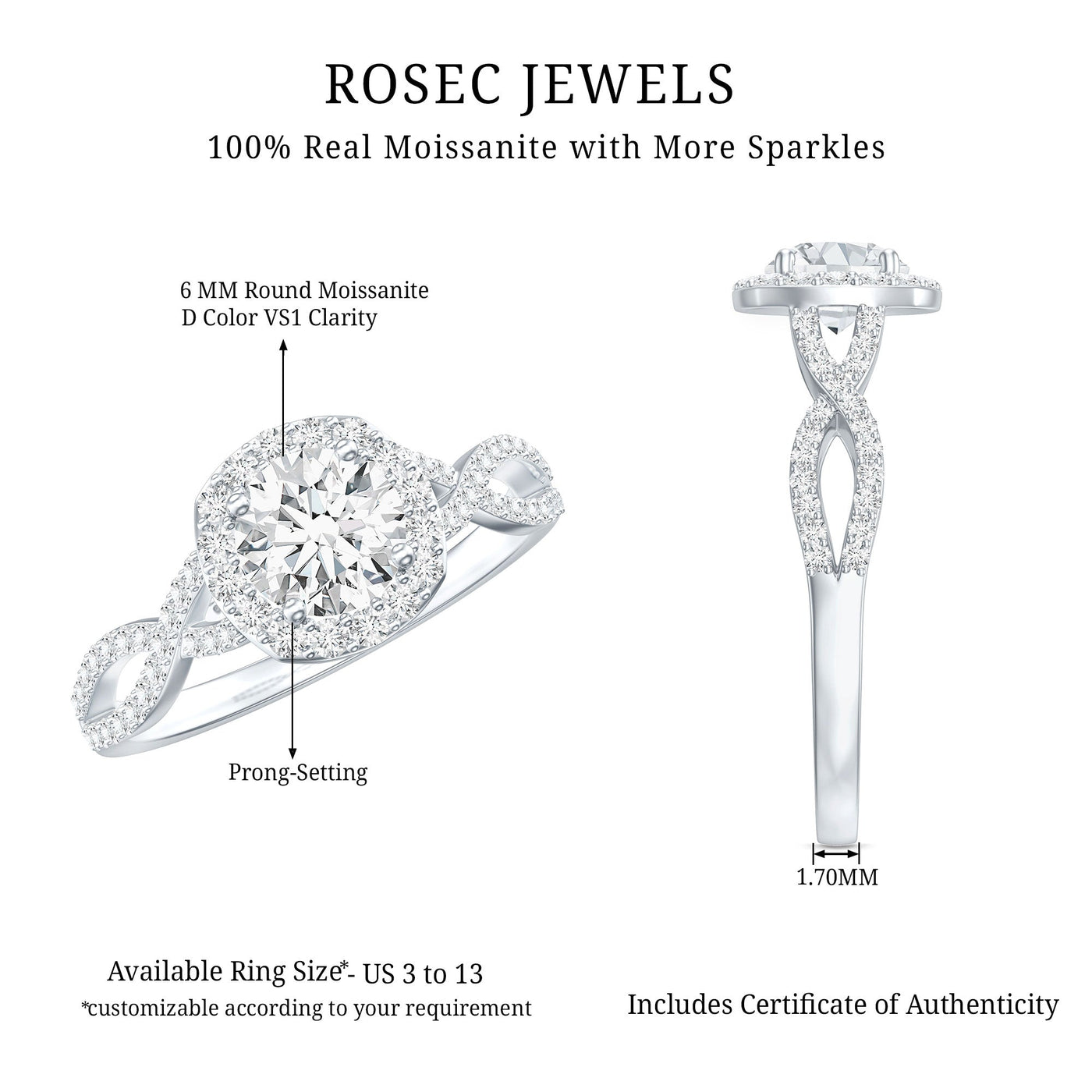 Certified Moissanite Halo Engagement Ring with Criss Cross Shank Rosec Jewels